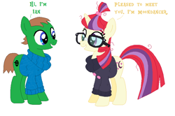 Size: 742x494 | Tagged: safe, moondancer, oc, oc:ian, pony, clothes, glasses, hello, iandancer, sweater