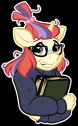 Size: 801x1280 | Tagged: safe, artist:halcy0n, moondancer, anthro, unicorn, adorkable, black background, book, clothes, cute, dancerbetes, dork, female, glasses, grin, looking at you, mare, simple background, smiling, solo, sweater