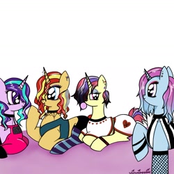 Size: 1415x1415 | Tagged: safe, artist:vinviasshine, moondancer, starlight glimmer, sunset shimmer, trixie, pony, unicorn, alternate hairstyle, anklet, bubblegum, choker, clothes, counterparts, dyed mane, ear piercing, earring, eyeshadow, female, fishnet clothing, fishnets, food, goth, gum, hair dye, hair over one eye, horn piercing, horn ring, jewelry, makeup, mane dye, mare, piercing, punk, shirt, socks, striped socks, t-shirt, tongue out, twilight's counterparts, wristband