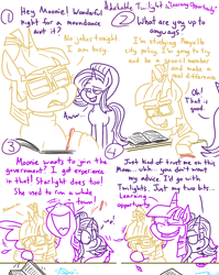 Size: 1280x1611 | Tagged: safe, artist:adorkabletwilightandfriends, moondancer, starlight glimmer, twilight sparkle, twilight sparkle (alicorn), alicorn, pony, unicorn, comic:adorkable twilight and friends, adorkable twilight, book, comic, cute, dialogue, feather, grin, hug, lidded eyes, lineart, slice of life, smiling, studying, winghug, wings