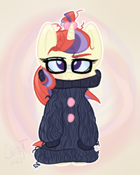 Size: 2000x2500 | Tagged: safe, artist:binkyt11, moondancer, semi-anthro, unicorn, :<, blushing, clothes, cute, eyebrows, female, firealpaca, glasses, mare, oversized clothes, raised eyebrow, solo, sweater