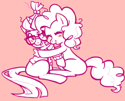 Size: 678x549 | Tagged: artist needed, safe, moondancer, pinkie pie, earth pony, pony, unicorn, 4chan, clothes, drawthread, eyes closed, female, glasses, hug, mare, monochrome, sitting, smiling, sweater