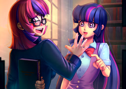 Size: 1400x990 | Tagged: safe, artist:bakki, moondancer, twilight sparkle, human, blue hair, blushing, book, bookshelf, bowtie, clothes, commission, duo, evening, eyelashes, fanfic, fanfic art, female, glasses, humanized, indoors, lesbian, library, light skin, long hair, looking back, multicolored hair, open mouth, pink hair, pointing, purple hair, red hair, shipping, short hair, smiling, sweat, twidancer, window