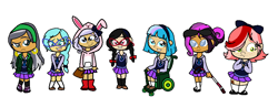 Size: 958x336 | Tagged: safe, artist:obeliskgirljohanny, oc, oc only, oc:beryl bixbytie, oc:blue tulip, oc:magenta shine, oc:melon blossom, oc:nainah, oc:seraphim cyanne, oc:turtledove, human, blind, braces, bunny hood, chubby, clothes, guide stick, humanized, little girls, misfits, school uniform, sunglasses, wheelchair