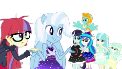 Size: 1920x1080 | Tagged: safe, artist:marian9, coco pommel, coloratura, dj pon-3, lightning dust, moondancer, trixie, vapor trail, vinyl scratch, equestria girls, equestria girls (movie), bare shoulders, crying, equestria girls-ified, fall formal outfits, female, glasses, ponied up, scene interpretation, simple background, sleeveless, strapless, transparent background