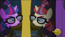 Size: 1280x720 | Tagged: safe, edit, edited screencap, screencap, moondancer, twilight sparkle, pony, unicorn, amending fences, clothes, discovery family logo, duo, female, glasses, mare, mirrored, recolor, sweater