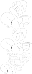 Size: 1280x2954 | Tagged: safe, artist:purple-yoshi-draws, pinkie pie, oc, oc:hattsy, pony, armpits, bipedal, chubby, comic, hat, lineart, magic trick, magician, monochrome, pinkie being pinkie, pinkie physics, surprised, wide hips