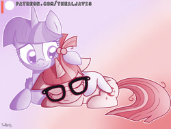 Size: 1000x750 | Tagged: safe, artist:thealjavis, moondancer, twilight sparkle, twilight sparkle (alicorn), alicorn, pony, female, friendship, lesbian, limited palette, patreon, patreon logo, prone, shipping, sleeping, twidancer