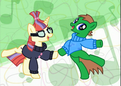 Size: 1700x1212 | Tagged: safe, moondancer, oc, oc:ian, pony, base used, clothes, dancing, glasses, iandancer, sweater