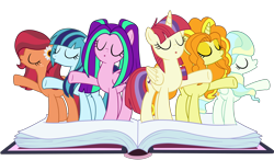 Size: 6000x3500 | Tagged: safe, artist:luckyclau, adagio dazzle, aria blaze, gloriosa daisy, moondancer, sonata dusk, vapor trail, alicorn, earth pony, pony, unicorn, fame and misfortune, alicornified, alternate universe, book, equestria girls ponified, eyes closed, flawless, flower, flower in hair, freckles, ponified, race swap, simple background, singing, transparent background