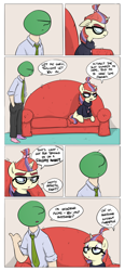 Size: 962x2076 | Tagged: safe, artist:shoutingisfun, moondancer, oc, oc:anon, human, anon's couch, clothes, comic, cute, dancerbetes, debate in the comments, dialogue, female, food, friday night, grumpy, human male, implied twilight sparkle, looking at each other, looking down, male, pineapple pizza, pizza, sad, sitting, slice of life, speech bubble