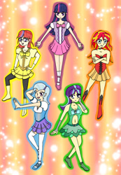 Size: 1500x2168 | Tagged: safe, artist:banquo0, moondancer, starlight glimmer, sunset shimmer, trixie, twilight sparkle, human, belly button, boots, clothes, counterparts, cute, garters, glasses, humanized, magical girl, midriff, pantyhose, shoes, skirt, socks, stockings, thigh highs, twilight's counterparts