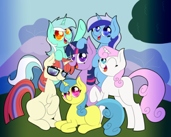 Size: 3657x2926 | Tagged: safe, artist:supercoco142, lemon hearts, lyra heartstrings, minuette, moondancer, twilight sparkle, twinkleshine, pony, unicorn, canterlot six, group shot, mane six opening poses, missing cutie mark