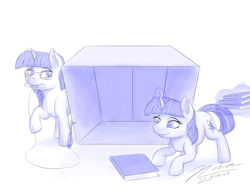 Size: 1024x768 | Tagged: safe, artist:novaintellus, moondancer, twilight sparkle, pony, unicorn, atg 2017, book, female, glasses, magic, male, mare, monochrome, newbie artist training grounds, that pony sure does love books, trap (device)