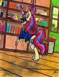 Size: 5100x6601 | Tagged: safe, artist:artponymdp, moondancer, pony, absurd resolution, book, bookshelf, cook, rearing, scepter, shelf, solo, traditional art, twilight scepter, underhoof