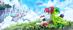 Size: 2400x1000 | Tagged: safe, artist:redchetgreen, oc, oc only, oc:evergreen feathersong, oc:miss final verse, pegasus, pony, unicorn, bag, book, city, cliff, cloud, duo, floating island, scenery, sitting, sky