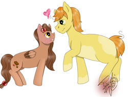 Size: 1002x758 | Tagged: safe, artist:nightingale rosemary, oc, oc only, oc:butter pup, oc:choco pop, earth pony, pegasus, pony, chubby, female, hair bow, heart, male, oc x oc, shipping, straight