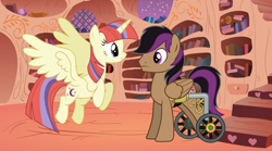 Size: 1600x888 | Tagged: safe, artist:3d4d, moondancer, stellar eclipse, alicorn, pegasus, pony, alicornified, female, flying, golden oaks library, male, mare, moondancercorn, race swap, shipping, spread wings, stallion, stellardancer, straight, wheelchair, wings