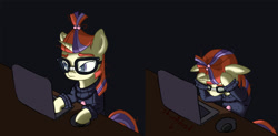 Size: 1500x737 | Tagged: safe, artist:starkdust, moondancer, pony, computer, eyes closed, laptop computer, reaction image, sad, solo