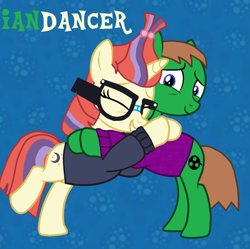 Size: 1351x1343 | Tagged: safe, moondancer, oc, oc:ian, canon x oc, clothes, glasses, hug, iandancer, sweater