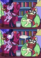 Size: 2886x4065 | Tagged: safe, artist:pony4koma, moondancer, twilight sparkle, twilight sparkle (alicorn), alicorn, book, burger, chillaxing, comic, diet, drool, food, gluten free, happy, hay burger, library, lunch, reading, sad, twilight's castle