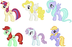 Size: 1850x1198 | Tagged: safe, artist:themexicanpunisher, candy apples, cloud kicker, flitter, moondancer, north point, surprise, alicorn, pony, alicornified, alternate mane six, apple family member, moondancercorn, race swap, recolor, simple background, white background