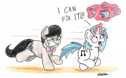 Size: 2153x1334 | Tagged: safe, artist:bobthedalek, dj pon-3, octavia melody, vinyl scratch, earth pony, pony, unicorn, broken, chubby, newbie artist training grounds, running, signature, teapot, this will end in pain, traditional art