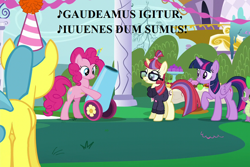 Size: 1080x720 | Tagged: safe, edit, edited screencap, screencap, lemon hearts, moondancer, pinkie pie, spike, twilight sparkle, twilight sparkle (alicorn), alicorn, dragon, earth pony, pony, amending fences, canterlot, cropped, gaudeamus igitur, hat, latin, lyrics, party cannon, party hat, song reference