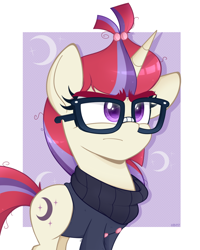 Size: 800x1000 | Tagged: dead source, safe, artist:higglytownhero, artist:pastelhorses, moondancer, pony, unicorn, collaboration, clothes, female, glasses, mare, solo, sweater