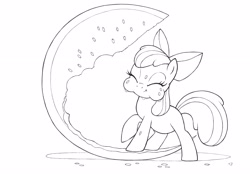 Size: 3508x2452 | Tagged: safe, artist:sherwoodwhisper, apple bloom, adorabloom, chubby, cute, eyes closed, food, monochrome, puffy cheeks, solo, watermelon