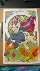 Size: 1152x2048 | Tagged: safe, artist:helicityponi, moondancer, pony, unicorn, bush, clothes, cutie mark, female, glasses, leaf, looking at you, mare, modern art, nouveau, solo, sweater, traditional art, tree