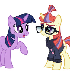 Size: 862x927 | Tagged: safe, artist:n238900, moondancer, twilight sparkle, aftermath, character to character, frown, glasses, looking at each other, moondancer's sweater, transformation, transformation sequence, transformed