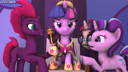 Size: 3840x2160 | Tagged: safe, artist:goatcanon, moondancer, starlight glimmer, tempest shadow, twilight sparkle, twilight sparkle (alicorn), alicorn, pony, unicorn, my little pony: the movie, 3d, big crown thingy, counterparts, jewelry, regalia, scepter, source filmmaker, twilight is not amused, twilight scepter, twilight's counterparts, unamused