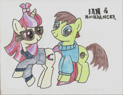 Size: 3308x2550 | Tagged: safe, moondancer, oc, oc:ian, clothes, glasses, sketch, sweater