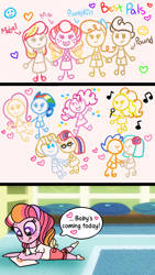 Size: 720x1280 | Tagged: safe, artist:carouselunique, adagio dazzle, coco pommel, flash sentry, fluttershy, moondancer, pinkie pie, pound cake, prince blueblood, pumpkin cake, rainbow dash, oc, oc:honeycrisp blossom, oc:ma belle danseuse, earth pony, pegasus, pony, comic:a garden grows, child artwork, cocosentry, female, flutterdash, lesbian, male, moonblood, offspring, parent:big macintosh, parent:moondancer, parent:prince blueblood, parent:princess cadance, parents:cadmac, parents:moonblood, shipping, straight