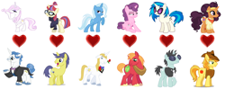 Size: 1708x677 | Tagged: safe, editor:jdueler11, big macintosh, braeburn, comet tail, dj pon-3, fancypants, fleur-de-lis, moondancer, neon lights, prince blueblood, rising star, saffron masala, sugar belle, trixie, vinyl scratch, pony, unicorn, bluetrix, braesala, cometdancer, fancyfleur, female, male, shipping, straight, sugarmac, vinylights