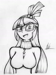 Size: 1369x1835 | Tagged: safe, artist:megabottons, moondancer, equestria girls, balloondancer, breasts, clothes, equestria girls-ified, female, glasses, monochrome, smiling, solo, sweater, traditional art