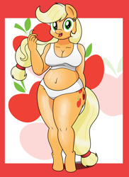 Size: 2550x3507 | Tagged: safe, artist:pananovich, applejack, anthro, unguligrade anthro, applebucking thighs, belly, belly button, breasts, chubby, cleavage, clothes, female, hips, looking at you, panties, plump, pose, solo, underwear