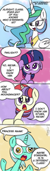 Size: 500x1714 | Tagged: safe, artist:emositecc, lyra heartstrings, moondancer, princess celestia, twilight sparkle, alicorn, pony, unicorn, comic, derp, dialogue, faic, female, filly, filly lyra, filly moondancer, filly twilight sparkle, floppy ears, mare, open mouth, smiling, younger