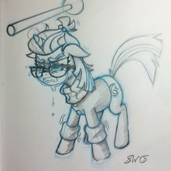 Size: 1080x1080 | Tagged: safe, artist:sketchwhatyousee, moondancer, pony, unicorn, amending fences, angry, clothes, crying, female, glasses, mare, sad, solo, sweater, traditional art