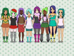 Size: 800x600 | Tagged: safe, artist:berrypunchrules, azura, blueberry cake, cherry crash, drama letter, mystery mint, starlight, sweet leaf, tennis match, watermelody, human, background human, beret, boots, chubby, clothes, dark skin, denim, female, high heels, kisekae, pantyhose, pleated skirt, sandals, shoes, shorts, skirt, socks, striped socks, tanktop, thigh highs, zettai ryouiki