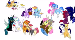 Size: 6000x3214 | Tagged: safe, artist:captainloafnugget, applejack, discord, fizzlepop berrytwist, flash sentry, fluttershy, moondancer, party favor, pinkie pie, prince blueblood, princess celestia, princess luna, queen chrysalis, rainbow dash, rarity, sunburst, tempest shadow, twilight sparkle, twilight sparkle (alicorn), alicorn, changeling, changeling queen, earth pony, pegasus, pony, unicorn, my little pony: the movie, bluesentry, book, chryslestia, discoshy, female, gay, lesbian, male, mane six, partypie, rarijack, shipping, spear, straight, sundancer, tempestluna, twidash, weapon