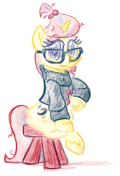 Size: 590x864 | Tagged: safe, artist:shoeunit, moondancer, pony, unicorn, clothes, colored pencil drawing, female, glasses, looking at you, mare, sitting, solo, stool, sweater, traditional art