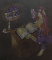 Size: 2388x2736 | Tagged: safe, artist:pony-from-everfree, moondancer, unicorn, black paper, book, clothes, magic, night, reading, solo, traditional art