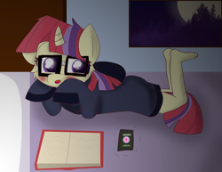 Size: 3300x2550 | Tagged: safe, artist:skyflys, moondancer, anthro, plantigrade anthro, book, clothes, crush, feet, female, filly, implied twilight sparkle, one sided shipping, oversized clothes, phone, sweater, younger