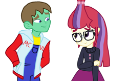 Size: 1352x855 | Tagged: safe, moondancer, oc, oc:ian, equestria girls, clothes, glasses, hoodie, sweater