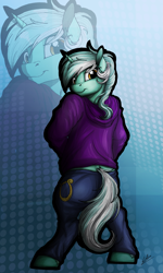 Size: 1973x3282 | Tagged: safe, artist:lupiarts, lyra heartstrings, pony, unicorn, back, background pony, chubby, clothes, digital art, hoodie, jeans, looking at you, pants, solo, standing, traditional art