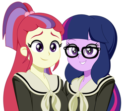 Size: 1382x1237 | Tagged: safe, artist:rosemile mulberry, moondancer, twilight sparkle, equestria girls, clothes, cute, dancerbetes, equestria girls-ified, glasses, school uniform, schoolgirl, simple background, smiling, twiabetes, white background