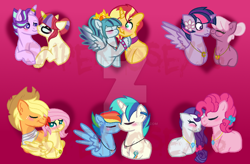 Size: 900x589 | Tagged: safe, artist:superrosey16, applejack, applejack (male), bubble berry, cheerilee, dj pon-3, dusk shine, fluttershy, moondancer, pinkie pie, rainbow dash, rarity, record scrape, sonata dusk, starlight glimmer, stellar gleam, sunset glare, sunset shimmer, twilight sparkle, twilight sparkle (alicorn), vinyl scratch, alicorn, earth pony, pegasus, pony, unicorn, appleshy, appleshy (straight), cheerilight, crown, female, flower, glimmerdancer, half r63 shipping, jewelry, kissing, male, necklace, nuzzling, rariberry, raripie, ribbon, ring, rule 63, shipping, sonaglare, straight, sunata, vinyldash, watermark