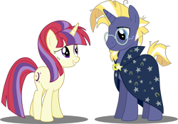 Size: 3606x2527 | Tagged: safe, artist:luckyclau, moondancer, star tracker, pony, unicorn, alternate universe, cape, clothes, female, freckles, glasses, male, mare, moontracker, palette swap, race swap, recolor, shipping, simple background, stallion, transparent background